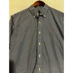 Ralph Lauren Mens Gingham Button Down Shirt Navy Blue White Long Sleeve‎ Large